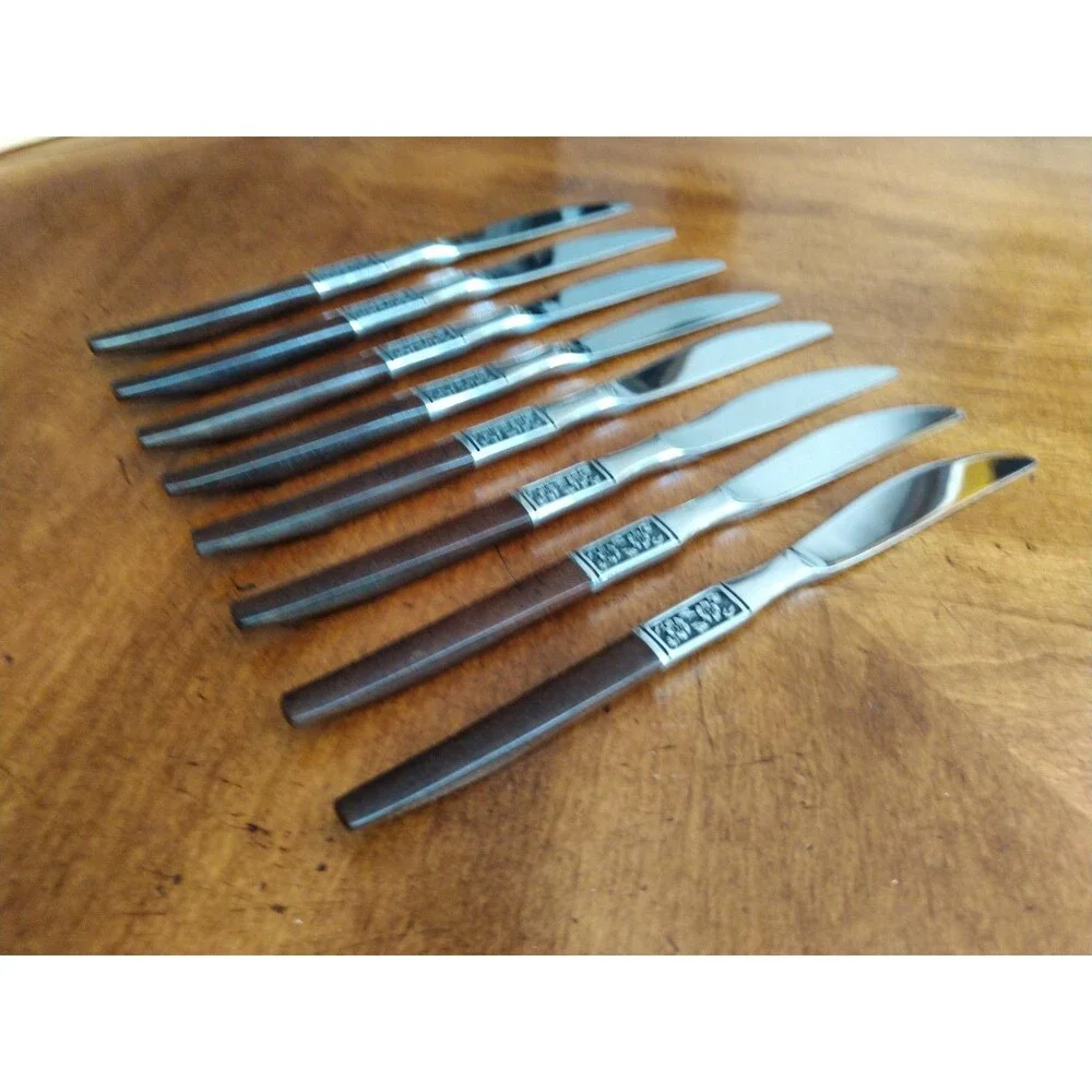 Lot 8x Dinner Knives Ekco Eterna La Joya Stainless Faux Wood MCM EKS14 8.8